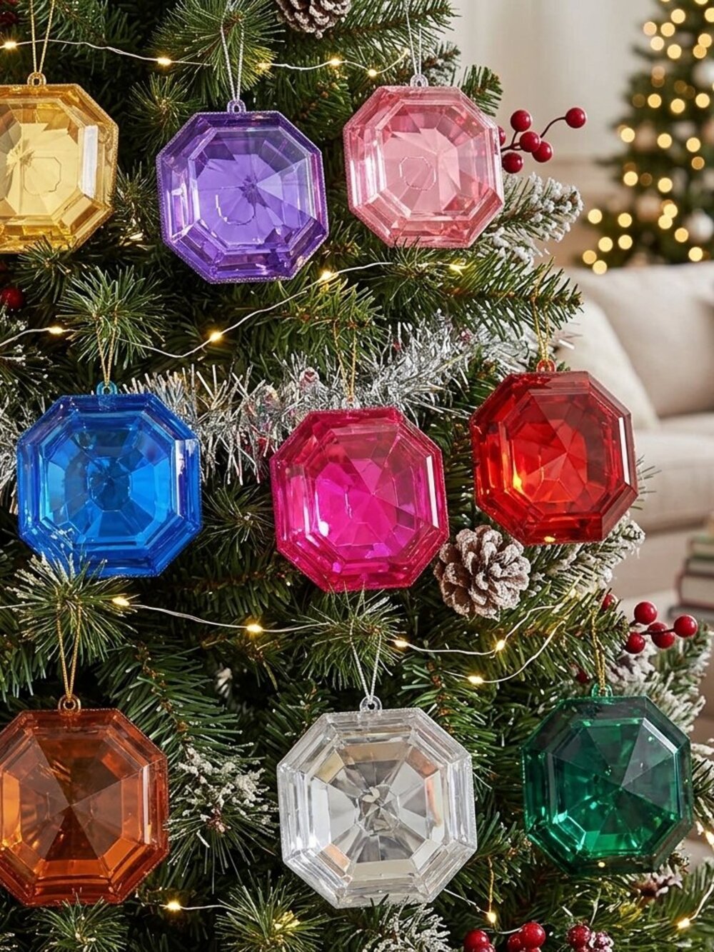 6" Large Gem Jewel Christmas Tree Ornaments Octagon Cut Crystal Wreath Decor